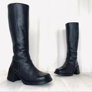 VINTAGE KNEE HIGH BLACK THICK LEATHER CHUNKY PLATFORM HEELS BOOTS SIDE ZIPPER